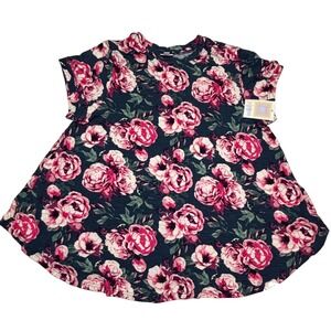 LuLaRoe Womens Top Size XL Erika Swing Blue Pink Roses Floral Rayon Blend NWT‎